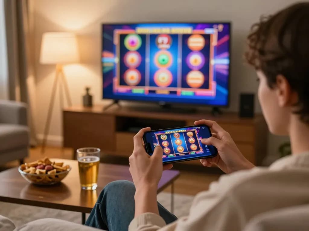 Engaging player enjoying slot games on mobile device in cozy home setting