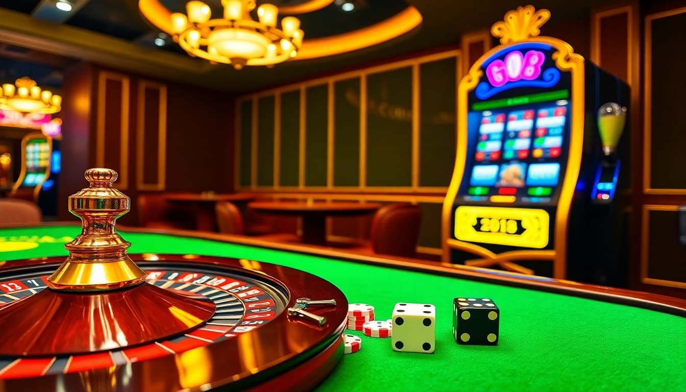 Go88 online gaming interface showcasing an exciting casino scene with roulette, poker chips, and dice.