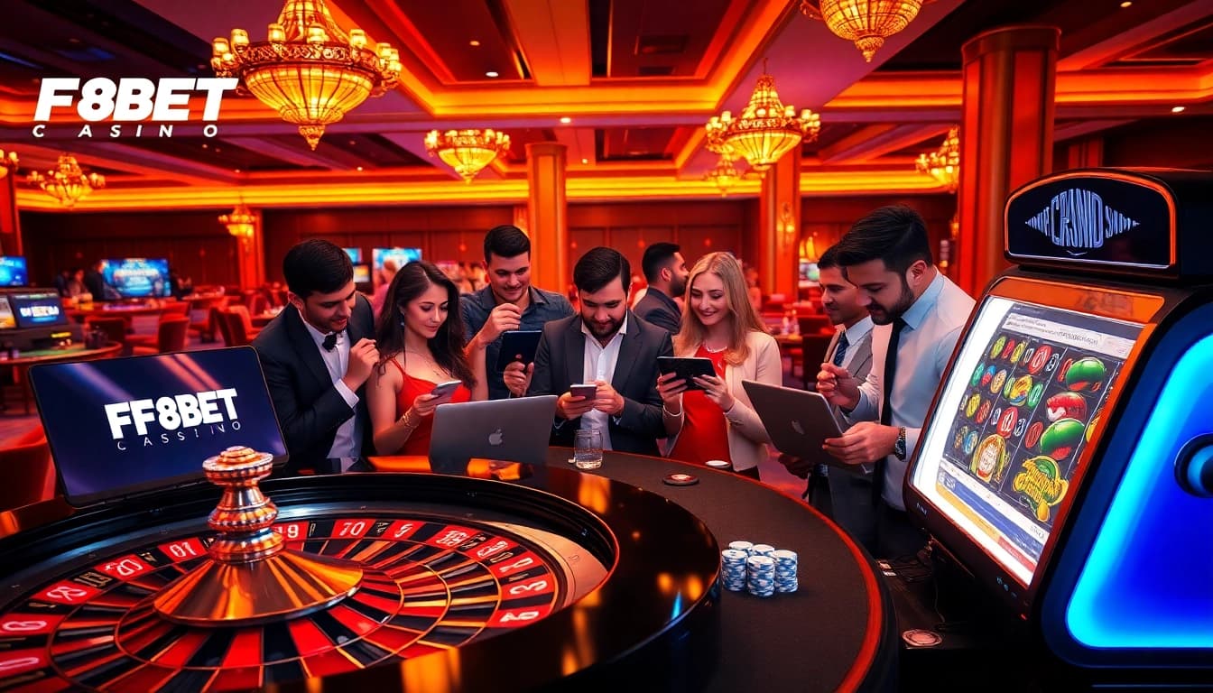 F8BET players enjoying a thrilling online casino experience with roulette and poker elements.