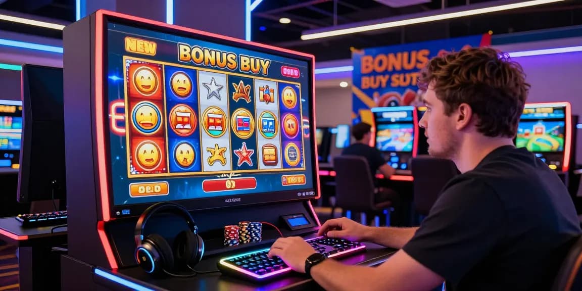 Player engaging with cocomaya Bonus Buy Slots in a modern casino lounge, vibrant graphics and dynamic atmosphere.