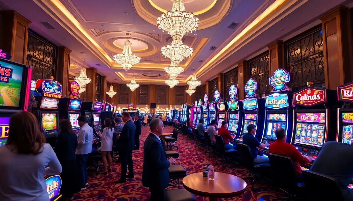 Engaged players spinning vibrant slot machines in a luxurious casino atmosphere.