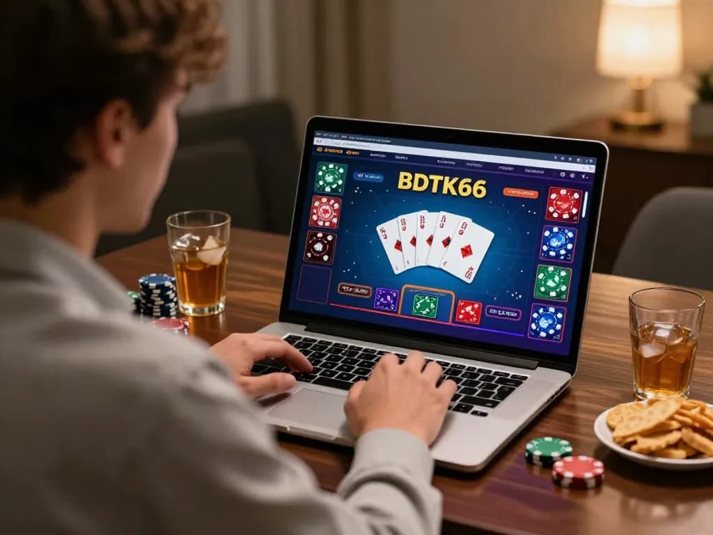 Engaged player enjoying bdtk66 poker online, focused on screen with colorful game display and snacks.