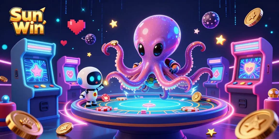 Engage in thrilling online gaming adventures with Sun Win, featuring a cosmic octopus at a holographic poker table.