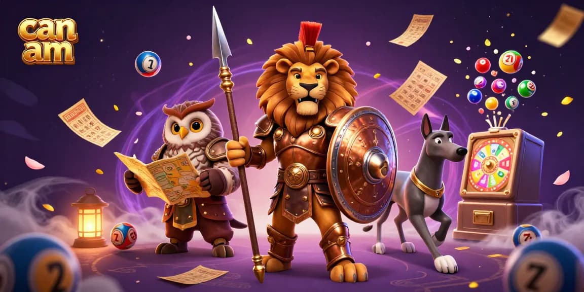 Can Am characters strategizing in a casino-themed adventure featuring vibrant games and elements.