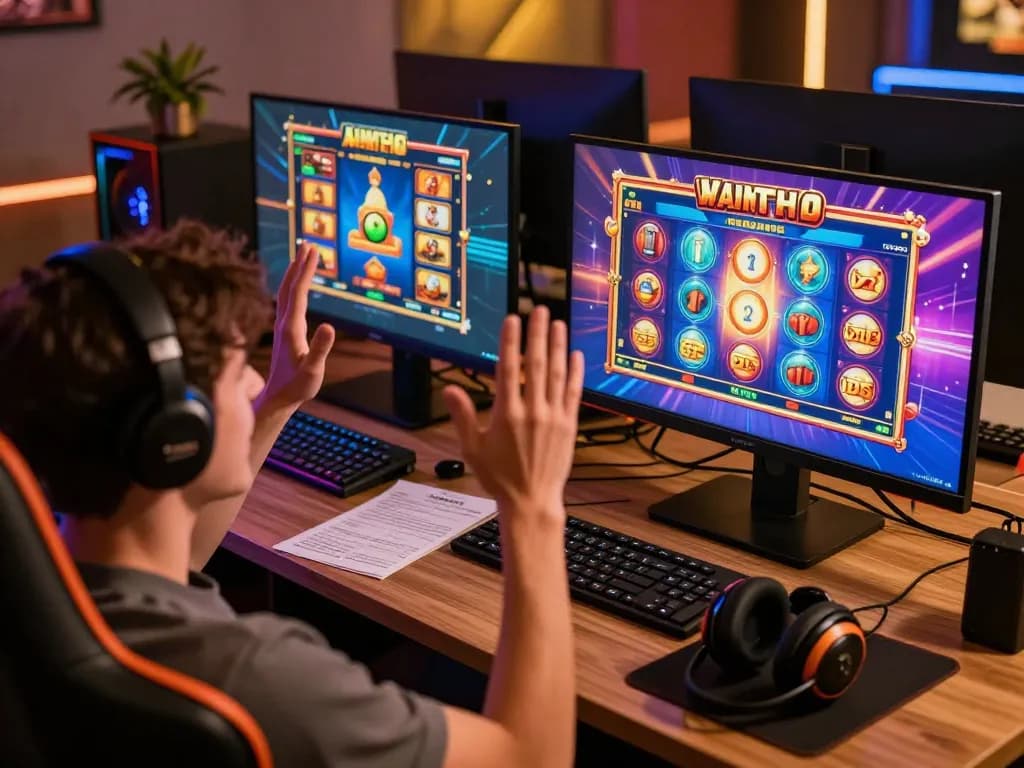 Excited player celebrating a big win while playing a demo slot on dual screens.