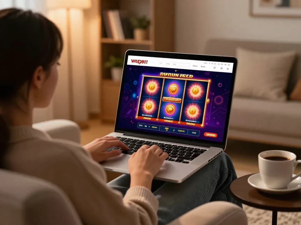 Experience exciting online gambling at 32win with vibrant slot game on a laptop.