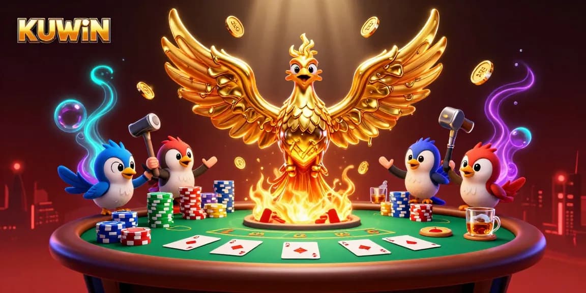 Experience thrilling gameplay with KUWIN's gold phoenix casino scene filled with poker elements.