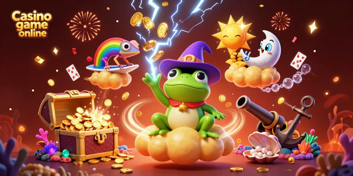 Engage with vibrant Casino game online featuring a wizard frog and chameleon amidst a wealth of gold coins.