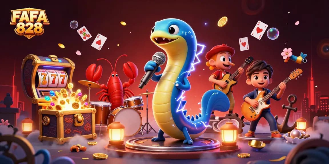 Celebrate gaming excitement with FAFA 828's colorful underwater casino scene featuring vibrant characters and slot machines