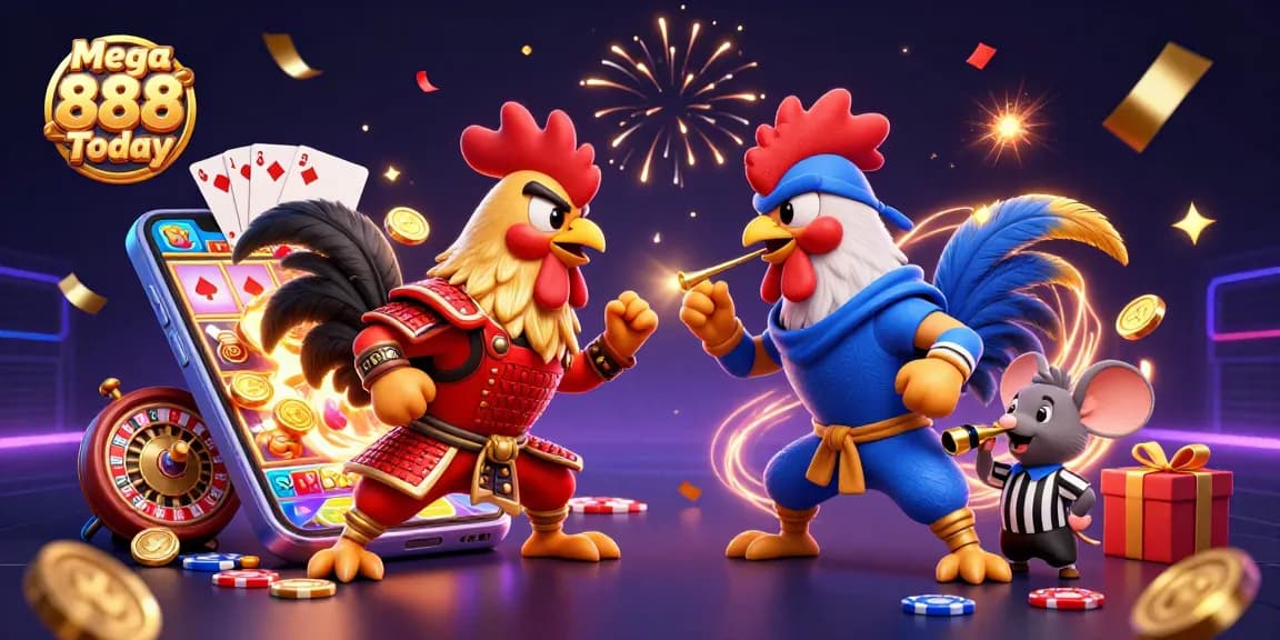 Engage in gaming excitement with Mega 888 Today, featuring animated fighting roosters amidst vibrant casino elements.