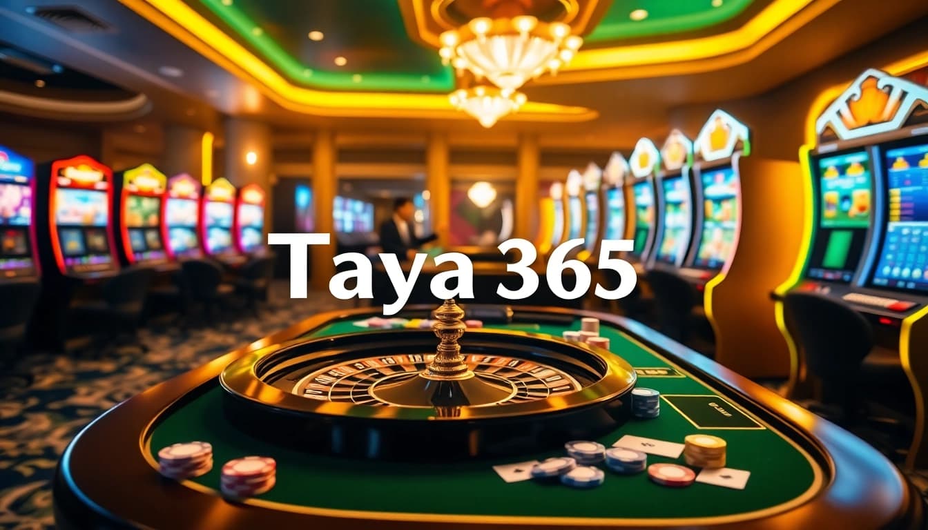 Taya 365 engages players at a luxury casino table with roulette, cards, and vibrant chips.