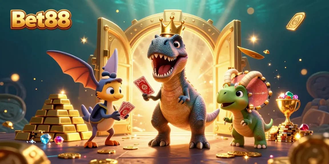 Bet88 casino scene with T-Rex playing cards, treasure, and fun elements for exciting gaming.