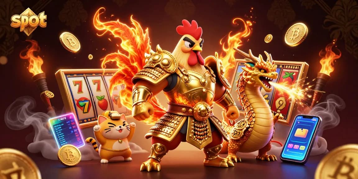 Slot menarik dengan ayam jantan bertarung dan naga, serta simbol jackpot mengelilingi mereka.