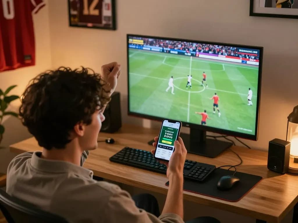 TOPBET sports bettor celebrating a win during live game between modern home decorations.