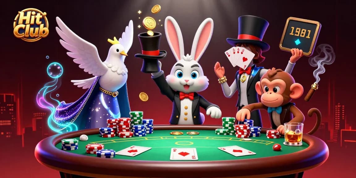 Hit Club showcases a magical scene with a rabbit, dove, and monkey amidst dynamic poker action.