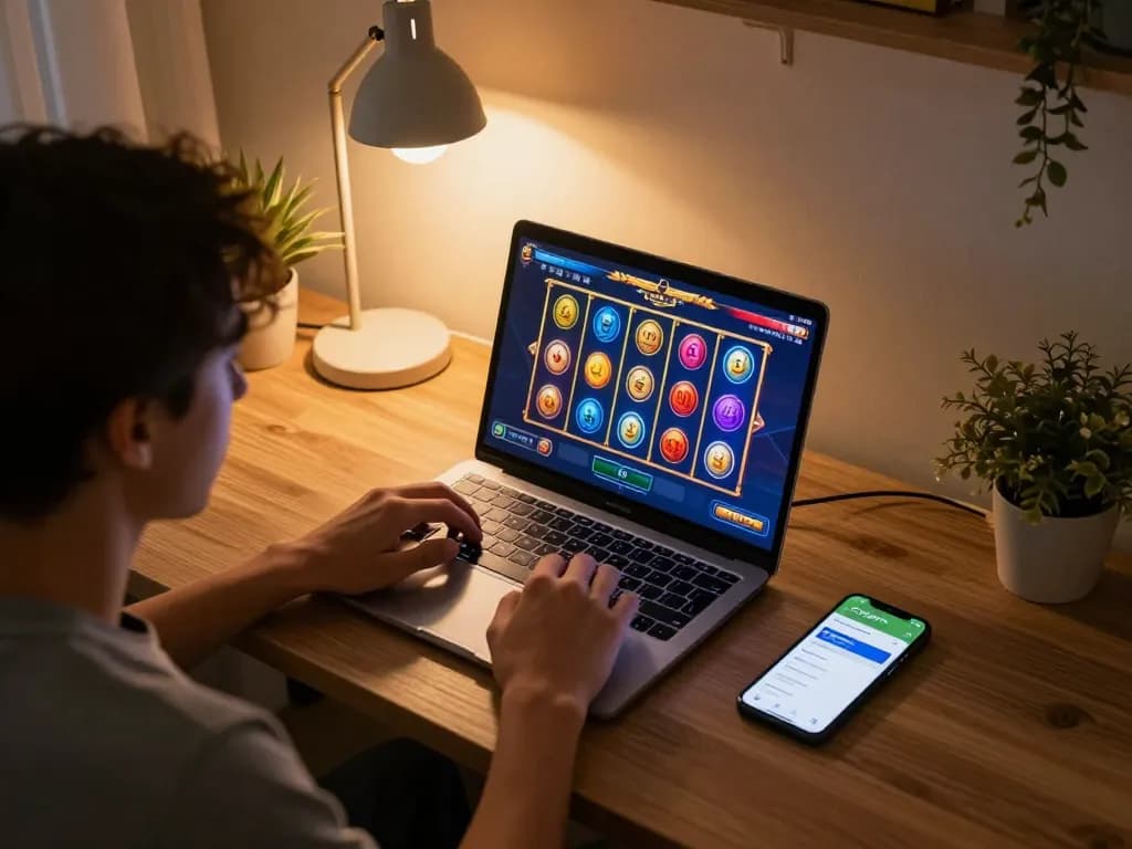 Engaged player enjoying situs slot gacor at home with strategy notes and online gaming setup.