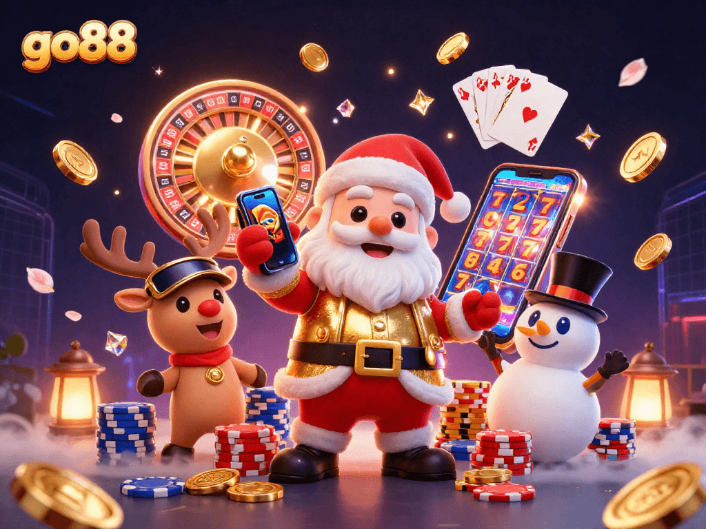 Engage with go88's dynamic casino adventure featuring Santa, a reindeer dealer, and a poker chip snowman!