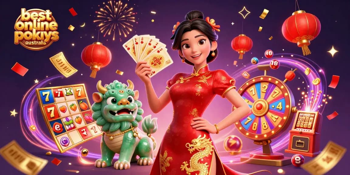 Experience the best online pokies in Australia with this vibrant casino-themed illustration featuring dynamic slot elements.