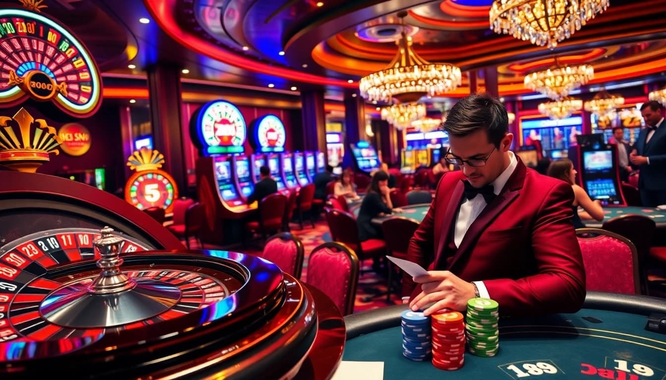 NK88 casino excitement with players at roulette tables and stacked poker chips.