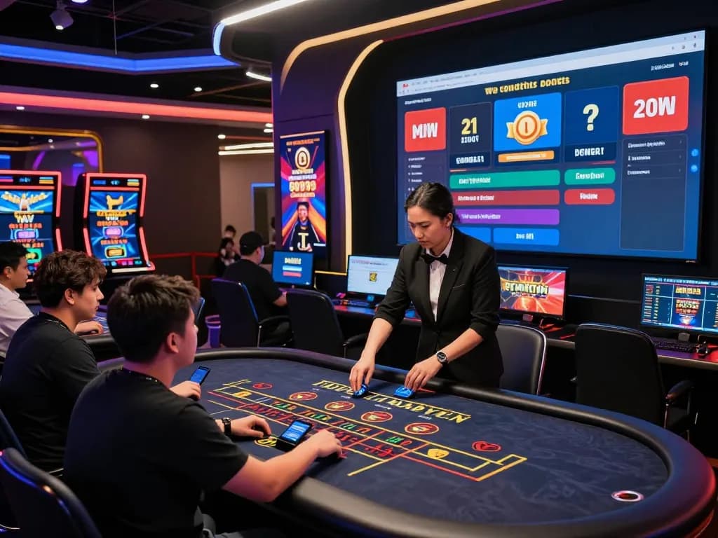 Engaging live casino atmosphere at 3win with dynamic gaming graphics and excited players.