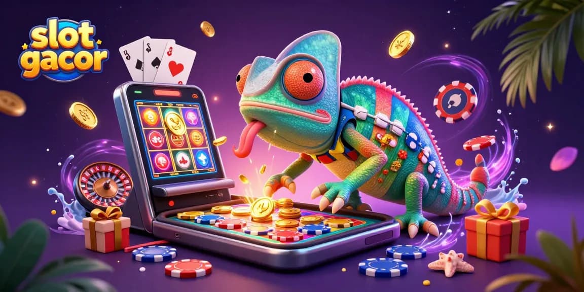Experience the excitement of slot gacor with a colorful casino scene featuring a chameleon owner