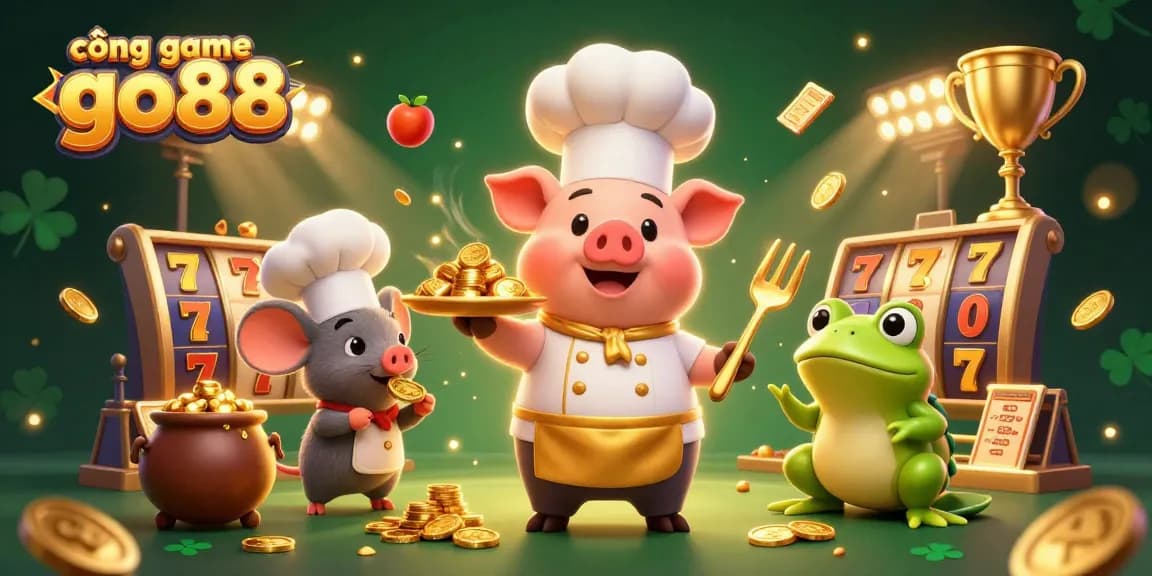 Cổng game go88 offers a vibrant scene showcasing a chef pig, mouse, and frog in an engaging casino setting featuring golden coins and slot elements.