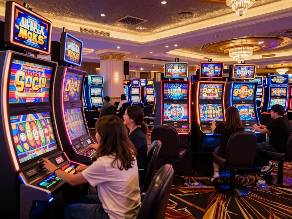 Players enjoying slot machines at Alarife Architects inspired casino, celebrating wins amid vibrant lights