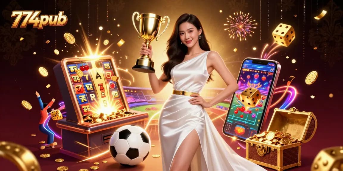 Celebrate big wins at 774pub with dynamic gaming elements, featuring a confident lady with a trophy.