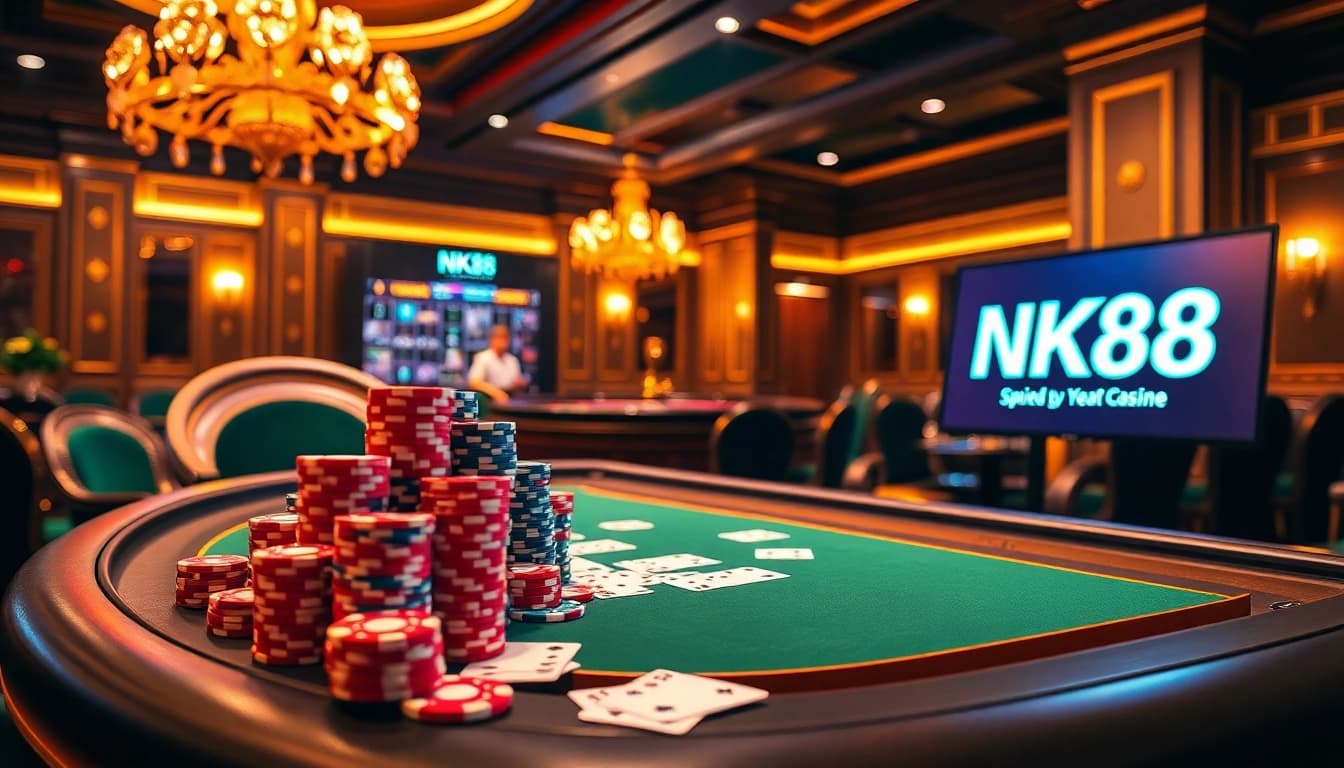 Experience thrilling gameplay with NK88 at a luxurious casino table filled with poker chips and cards.