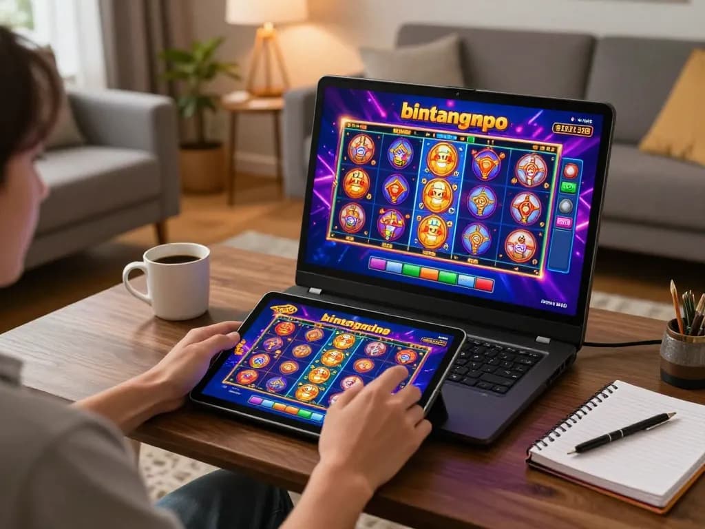 Bermain slot online bintangmpo di tablet di ruang tamu yang nyaman, menekankan pada permainan yang bertanggung jawab.