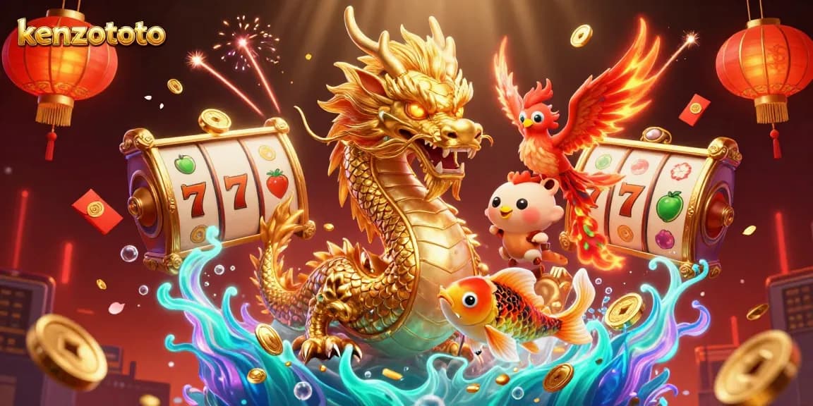 Kenzototo showcases a fierce dragon and phoenix in a vibrant casino scene full of slot reels and lucky coins.