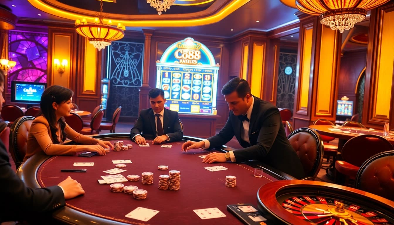 Co88 players strategizing over a luxury poker table in a professional casino.