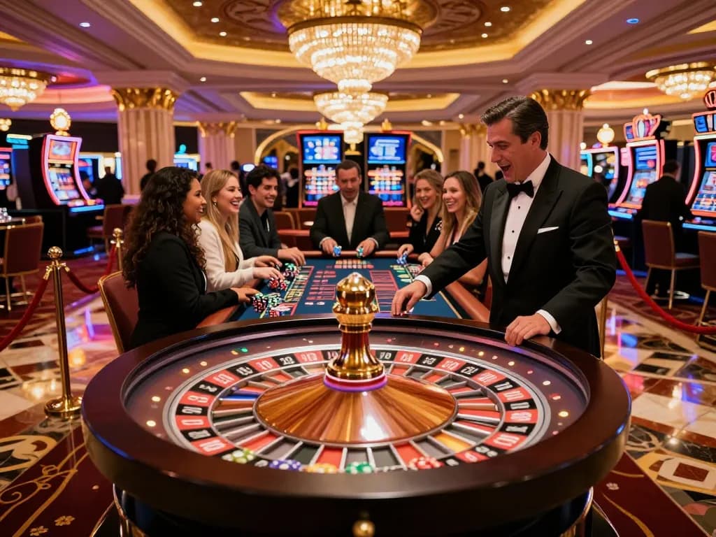 Players enjoying roulette at a vibrant Vegas casino, featuring dinamit4d within the action.