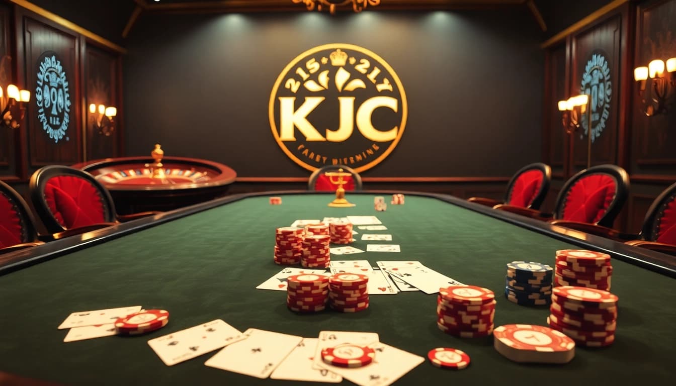 KJC logo featured in an exciting casino scene with poker chips and a roulette wheel.