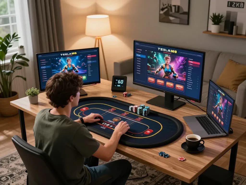 TESLA388 player engaged in online gambling at a stylish home setup, showcasing multiple screens and chips.