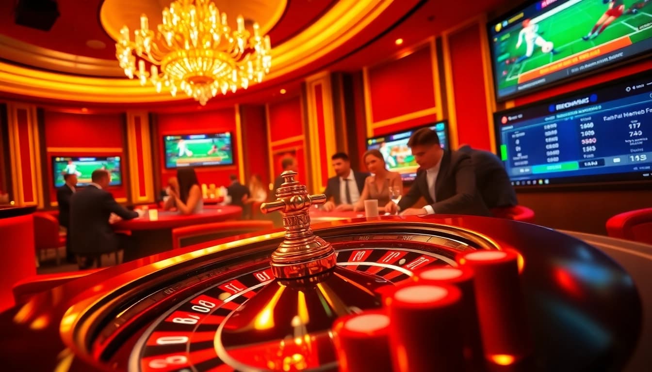 KQBD players celebrating as they engage in a lively game at the casino tables, showcasing vibrant poker chips and roulette excitement.