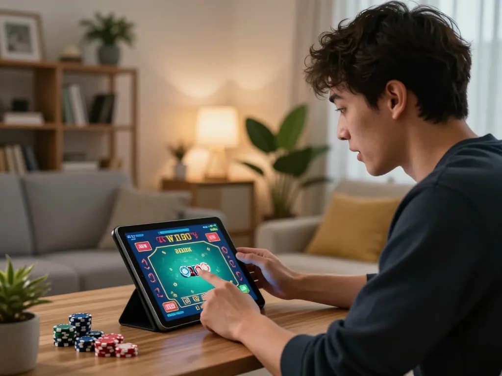 Player interacting with nhà cái fun79 online casino app on tablet in a cozy home setting