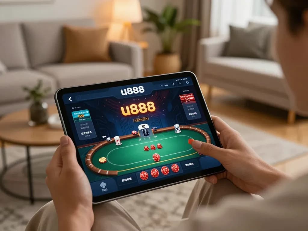 Engaging moment of online poker gameplay on u888 app, emphasizing a cozy home environment.