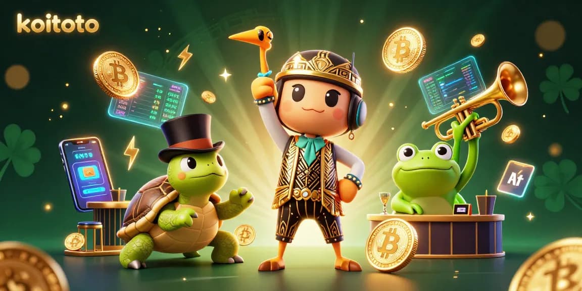 Join the action at koitoto with vibrant casino-themed characters and glowing crypto elements for exciting gameplay.
