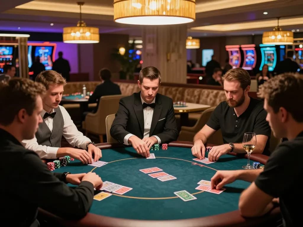 Players engaging in a thrilling poker game at JUN88's upscale casino ambiance.