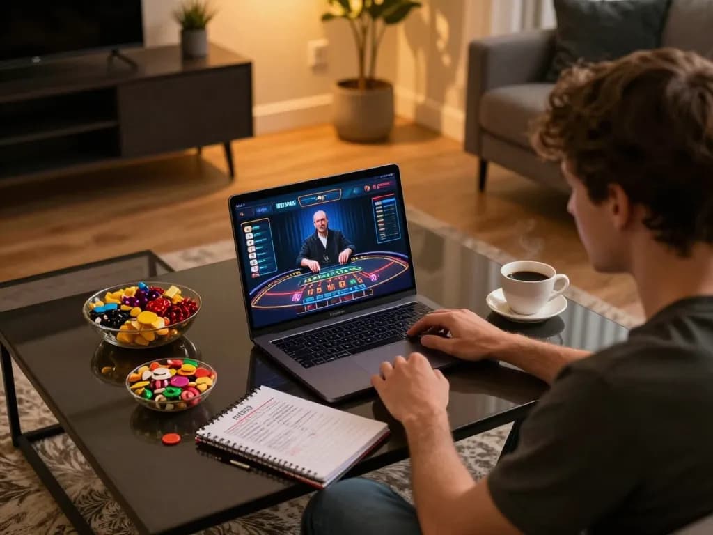 Player enjoying nk88 live dealer blackjack on a laptop in a cozy home gaming setup with snacks and strategies.