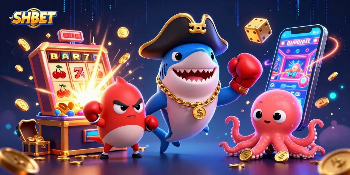 SHBET pirate shark celebrating with gold coins and slot machines in vibrant casino scene