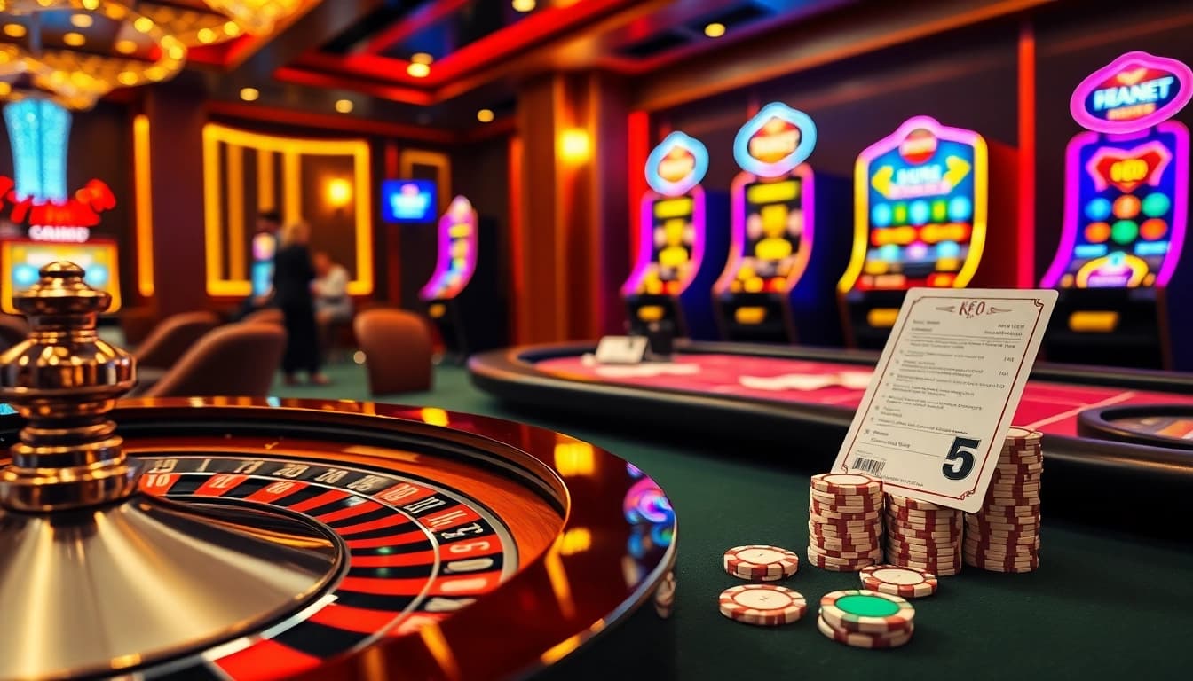 Engaging casino scene showcasing kèo nhà cái 5 with roulette, poker, and slots.