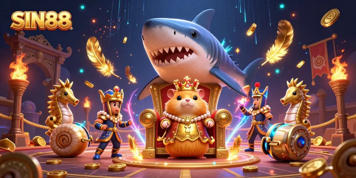 SIN88's vibrant casino journey showcases a hamster king enthroned with slot reels and swirling golden sparks.