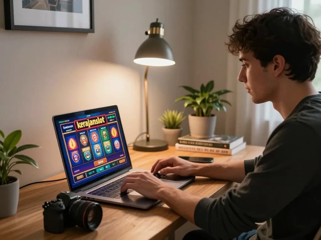 Engaging with kerajaanslot in a cozy home gaming setup, showcasing an online casino experience.