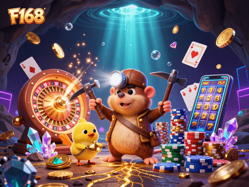 Join the adventure at F168 with a treasure hunter mole and canary mining for riches in an exciting casino scene.