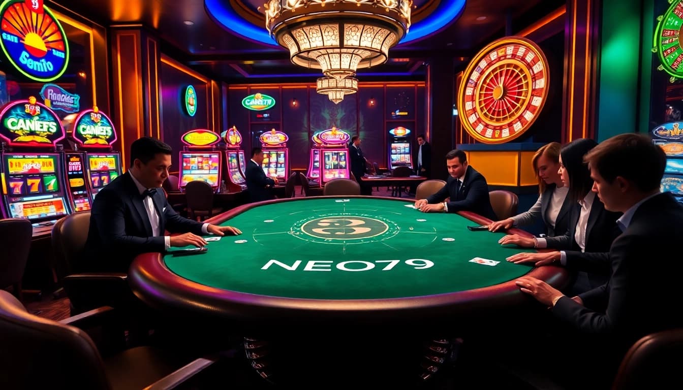 Experience high-stakes poker at NEO79 with a luxurious casino setting, vibrant slot machines, and thrilling gameplay.