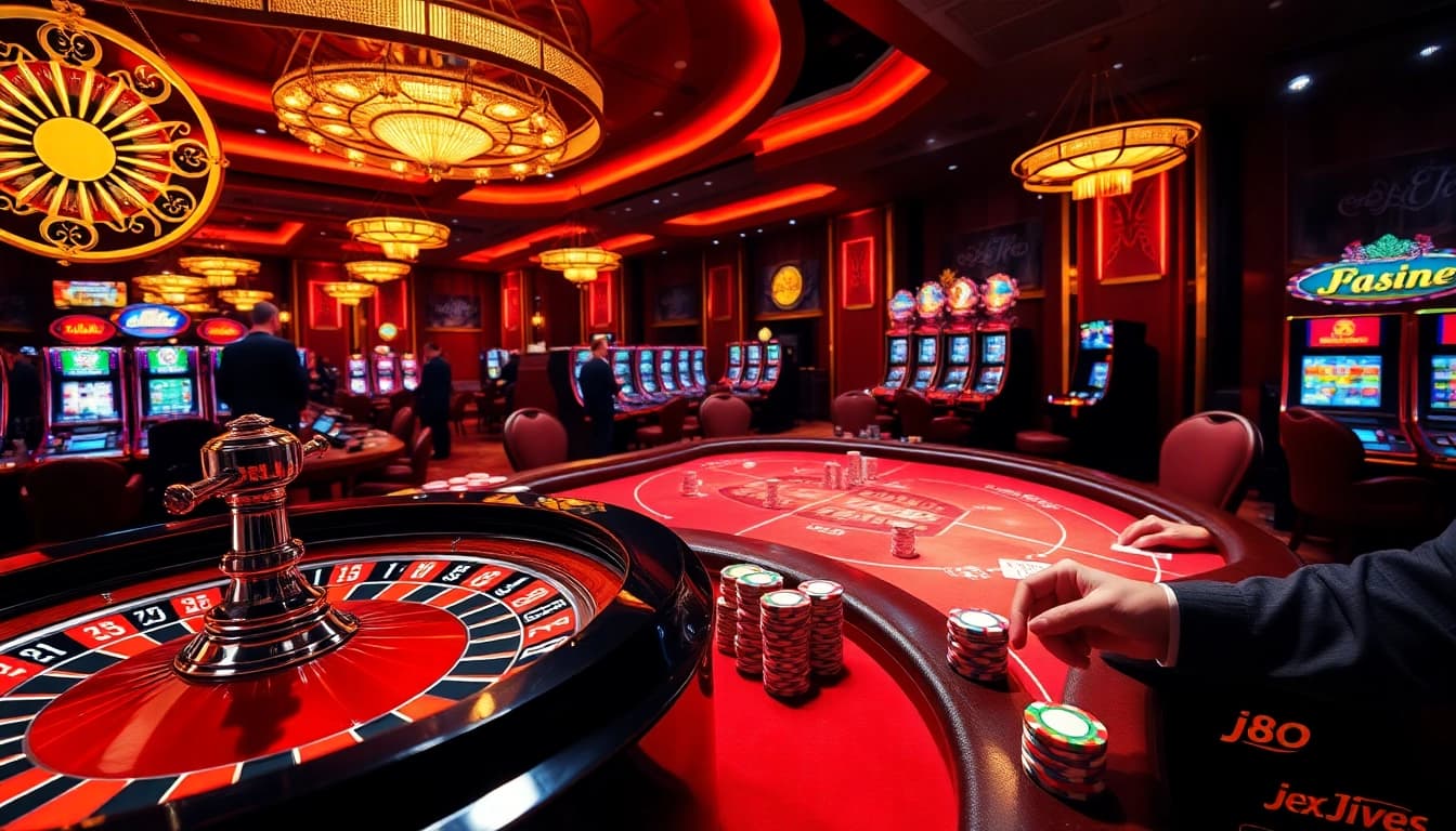 Experience the thrill of betting at https://j88.gives/ with vibrant casino games, roulette wheel, and excited players.