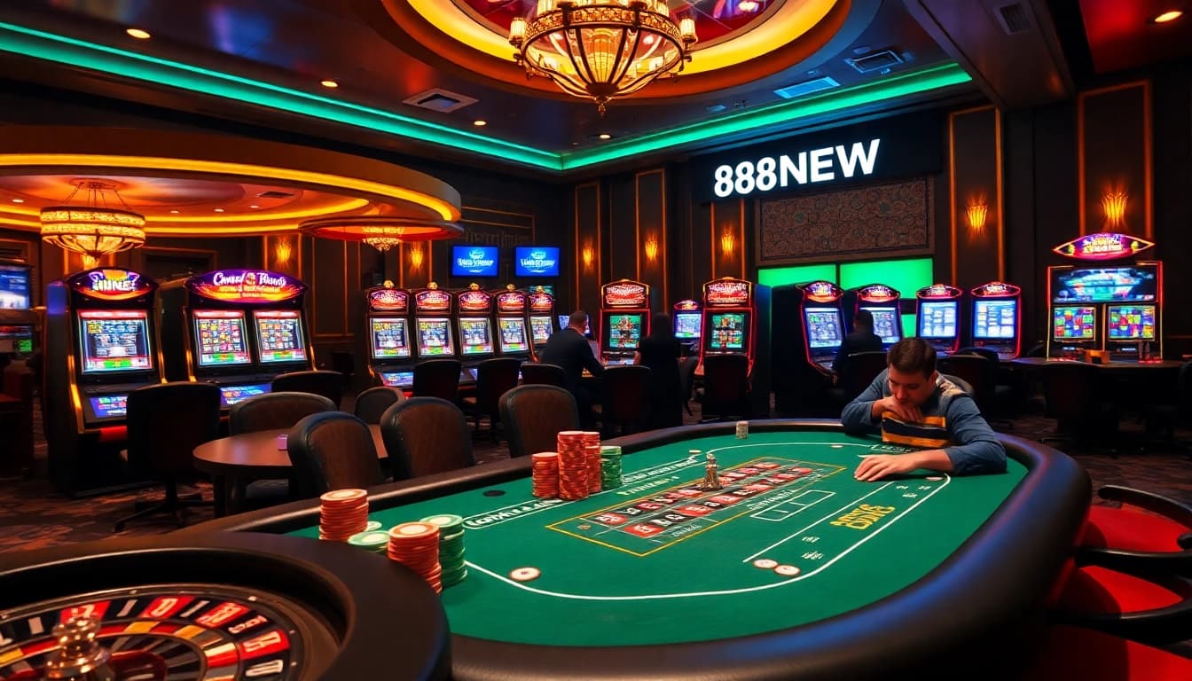 Experience the excitement of gambling with 888NEW in a vibrant casino setting featuring poker and slots.