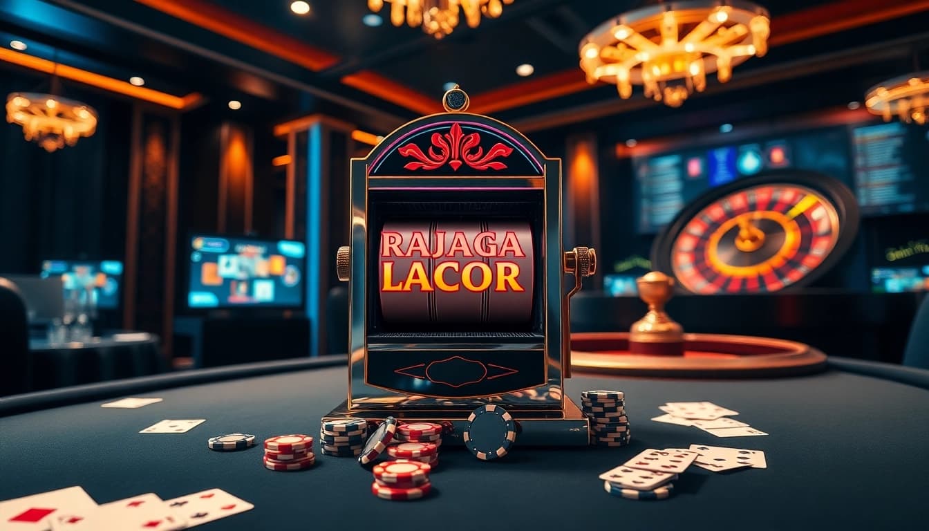 RAJAGACOR slot machine amidst an engaging casino scene with poker elements.